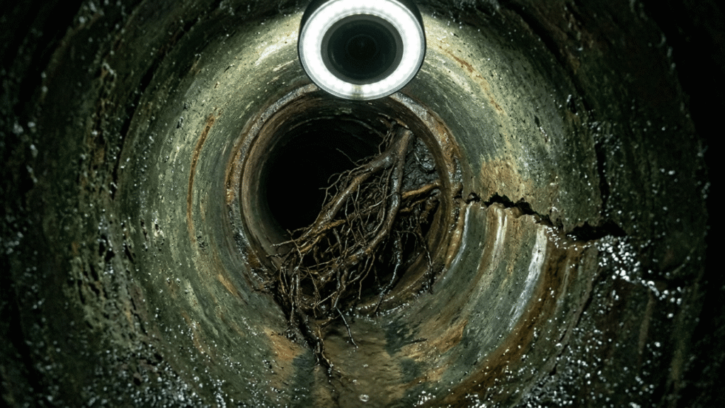 Sewer camera footage showing root intrusion and cracking inside a pipe, the kind of damage that can usually be lined.