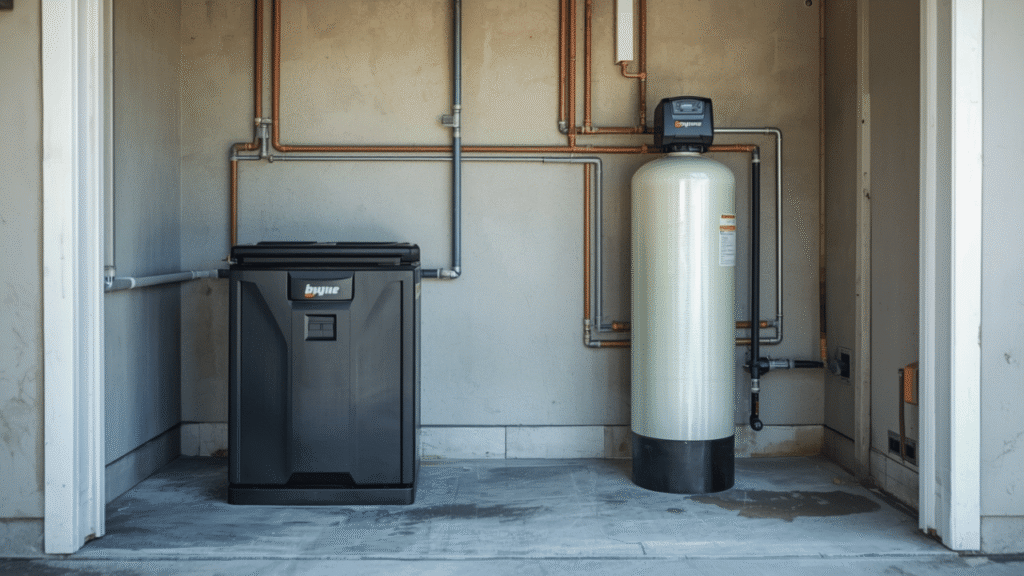 Water softener and brine tank installed in a garage with bypass valve and supply connections.