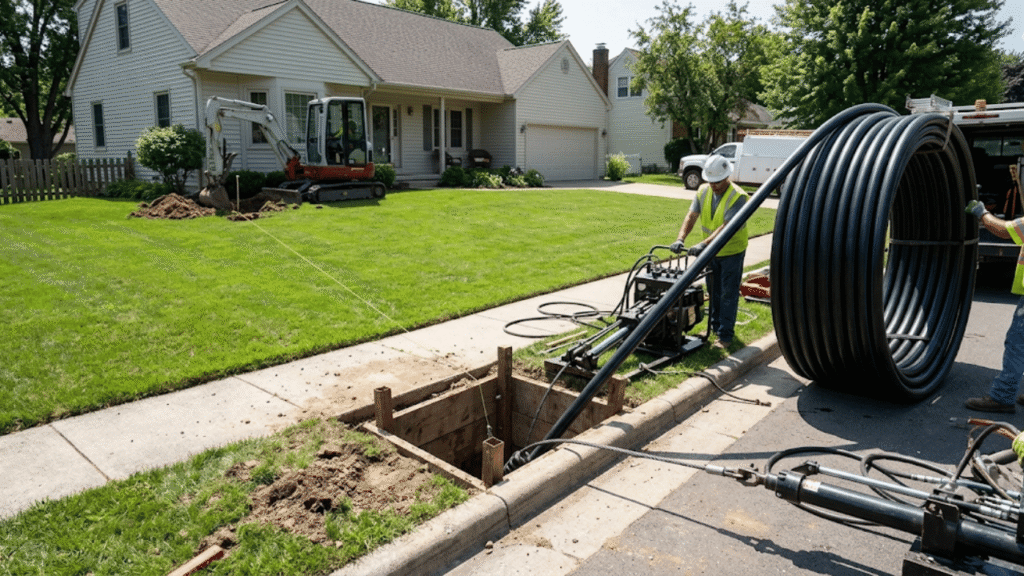 Pipe bursting setup with two small access pits and the lawn between them left intact, replacing a sewer line without a trench